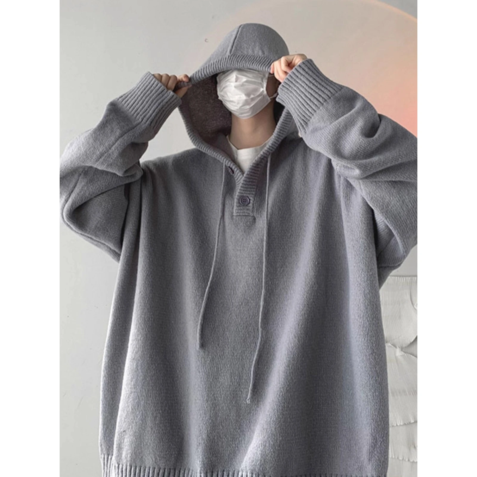 

Мужская толстовка большого размера с капюшоном, теплая, однотонная, вязаная, свободного кроя, из полиэфирного волокна, зимняя повседневная одежда, тренд сезона