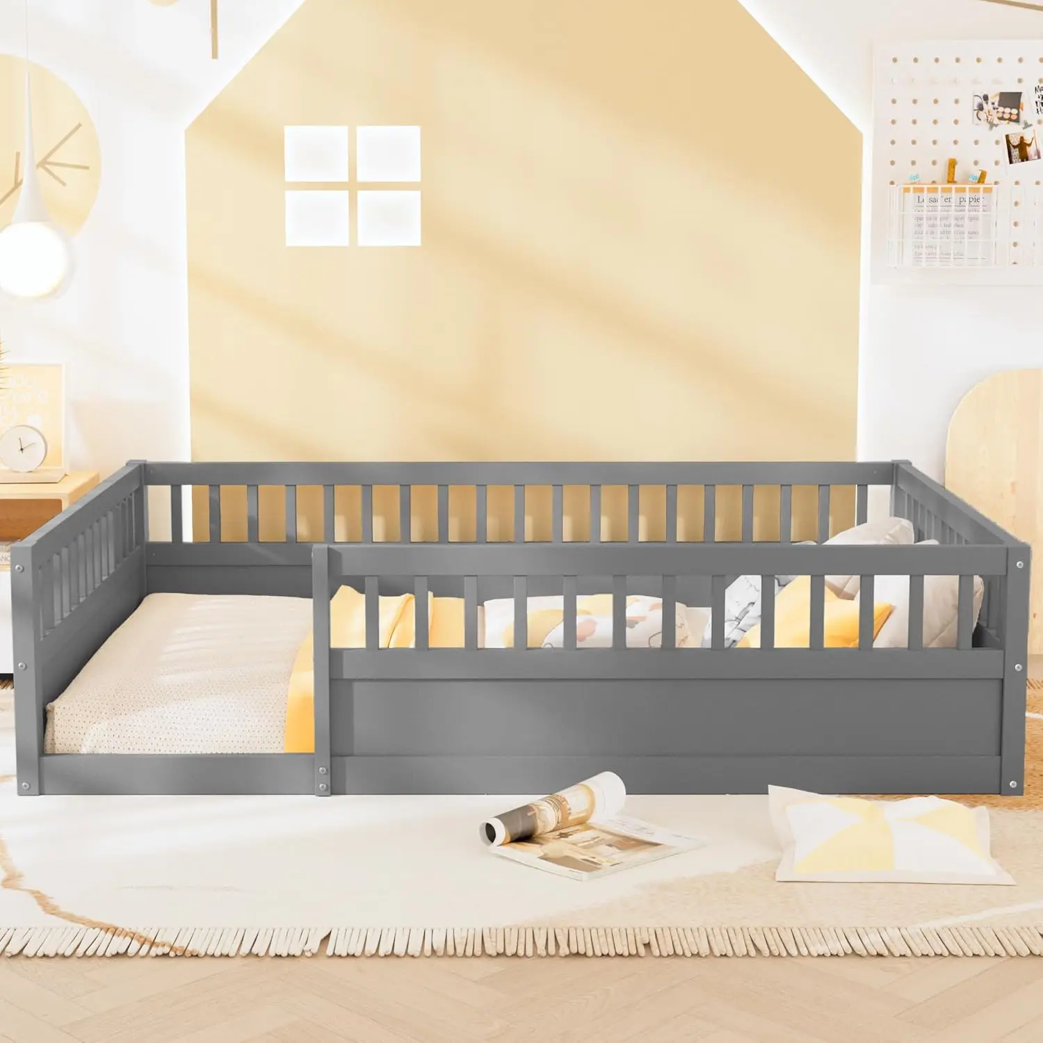 

Full Size Montessori Floor Bed With Fence, Wood Kids Floor Beds Frame For Children Bedroom, Kids Playroom, Gray