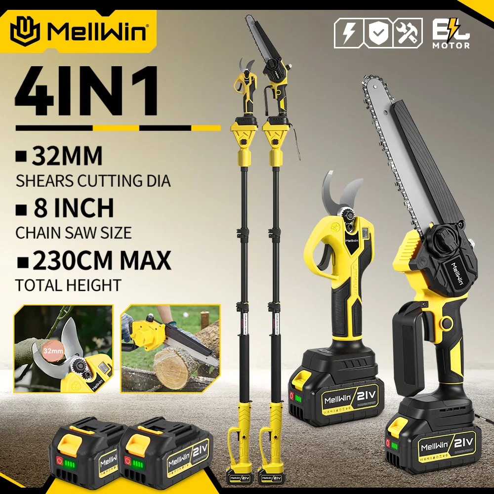 MELLWIN Bürstenlose 4-in-1-Stangensäge mit 185 cm Teleskopstange, 8-Zoll-Kettensäge & 32-mm-Gartenschere-Set, Gartenpflegewerkzeug für Makita 18V Akku