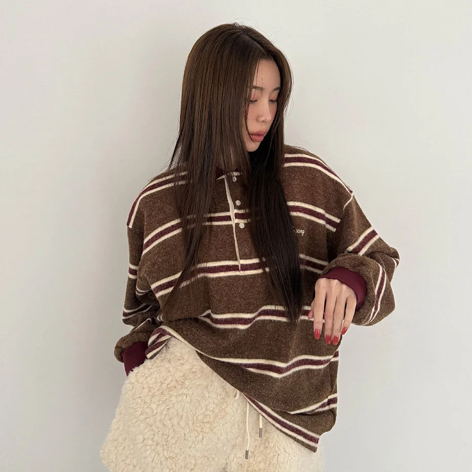 Korean Chic Retro Color Block  Neck Striped Sweatshirt Women Loose Lazy Style Embroidered Long Sleeve Top Polyester Fiber