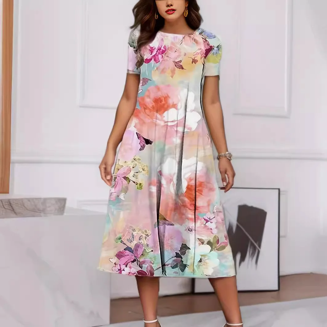 

2024 New Fashionable and Elegant Commuter Women's Spring/Summer Flower Printed Short Sleeved Dress