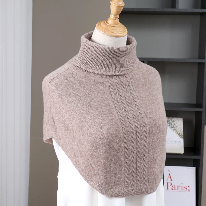 Women 100% Wool Short Poncho Turtleneck Shawl Wraps Thick Ribs Knitted Accessories Cape Soft Wool Scarf Neck Warmer Cappa