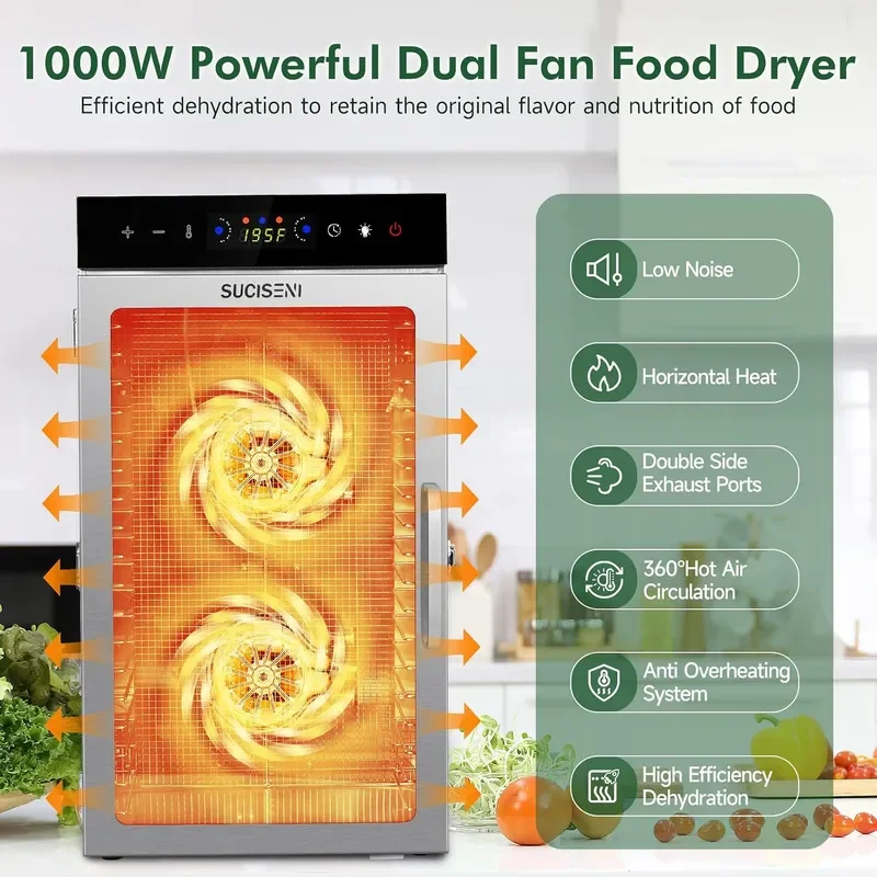 Food Dehydrator Machine 18 Stainless Steel Trays 1000W Commercial Food Dehydrator with 24H Digital Timer LED Temperature