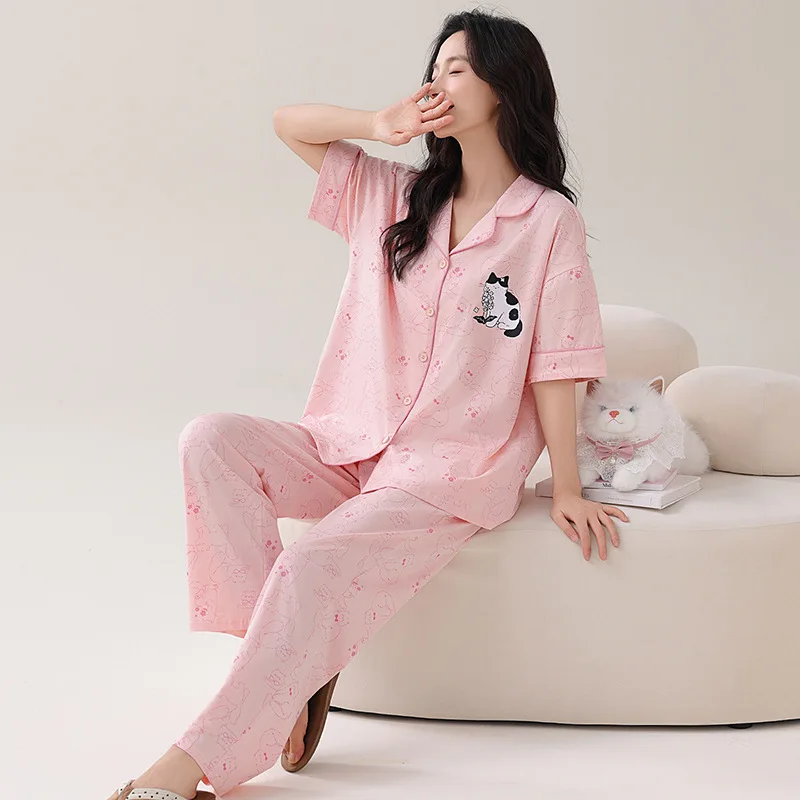 Summer Fashionable Cotton Printed Short Sleeved Cardigan Pants Set for Women Casual Loose Plus Size Can Be Worn As Home Clothes