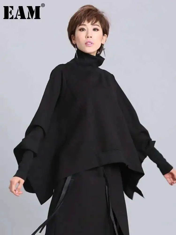 EAM Women Irregular Casual Black T-shirt New Turtleneck Batwing Sleeve Loose Fit Fashion Tide Spring Autumn 2025 1DF5328