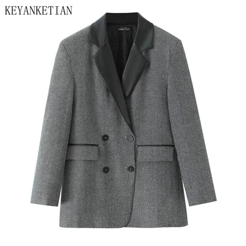 

KEYANKETIAN осенняя новая женская одежда, двубортный костюм с узором «елочка», лоскутный пиджак с контрастным воротником, женское пальто