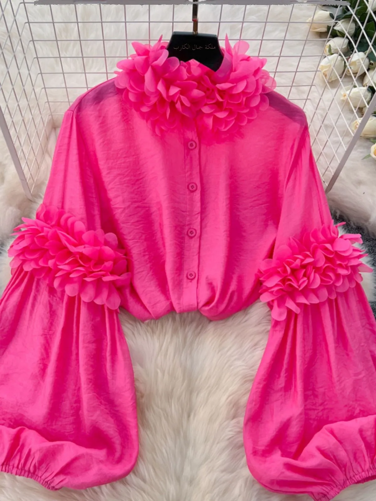 

Faionable European Sle Women's irt 2024 New High-End Feeling Tee-Dimensional Lace Lantern Sve Versatile Slimming C...