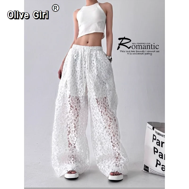 

Женские брюки Olivegirl, летние кружевные черные повседневные брюки, модные брюки нового дизайна, прямые широкие брюки