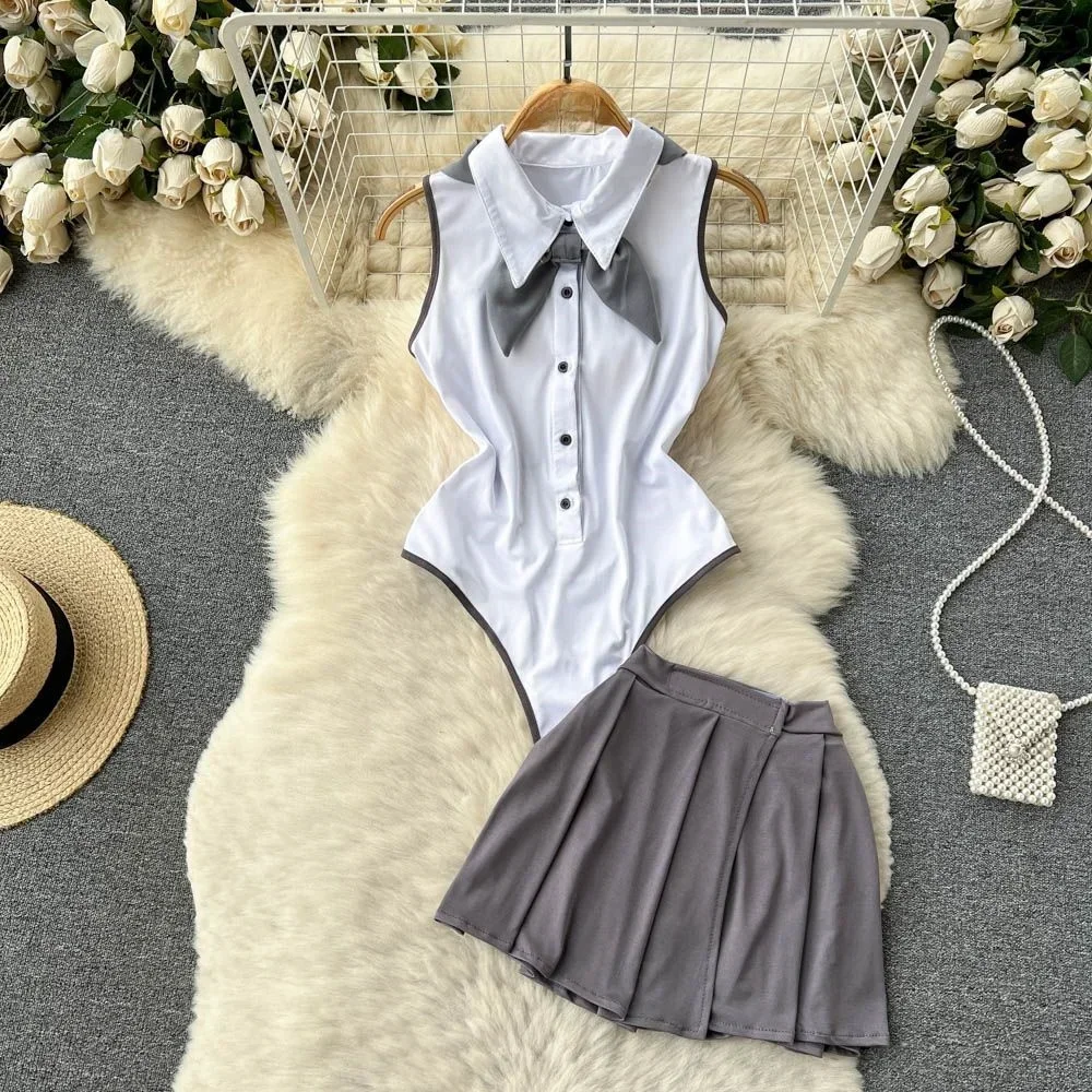 

Sweet Bow Preppy Uniform Suits Button Backless Sleeveless Bodysuits+Pleated Skirt Lingerie Women Sexy JK Erotic Rompers Sets