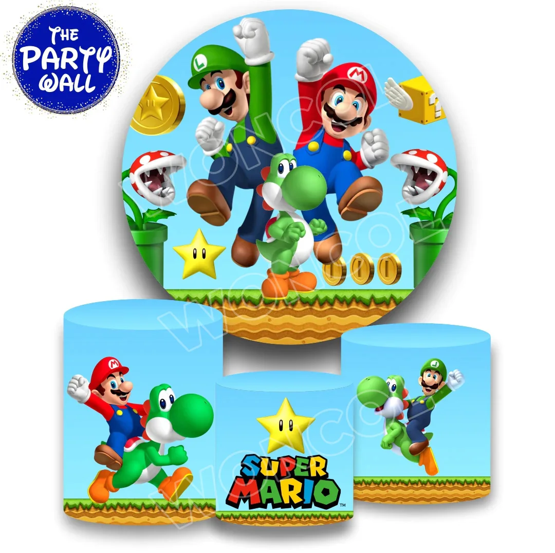 Super Mario Round Cover Boy Birthday Party Background Mario Luigi Yoshi Cylinder Cover Super Mario Birthday Decor Photocall Prop