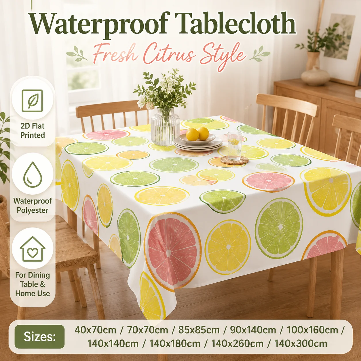 

2026 Spring Summer Fresh Citrus Lemon Tablecloth Waterproof Polyester 2D Flat Printed Table Cover For Kitchen Dining Room Decor