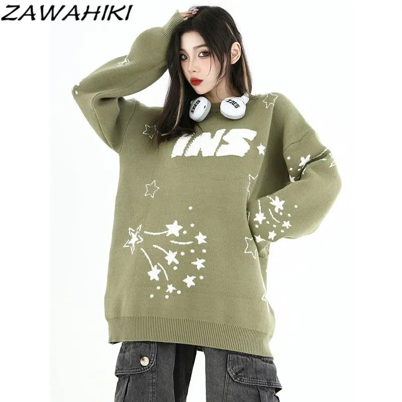 

ZAWAHIKI Sweater Women Loose Casual Letter Jacquard Star Fashion Korean Knitwear Lovers Vintage Chic Streetwear Warm Pullover