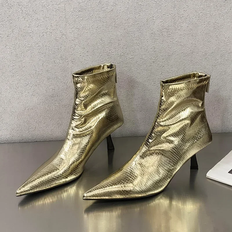 Eilyken Gold Silver Fashion SEXY Pointed Toe Women Ankle Boots Thin Low Heels Spring Shoes Short Ladies Booties Zapatos De Mujer