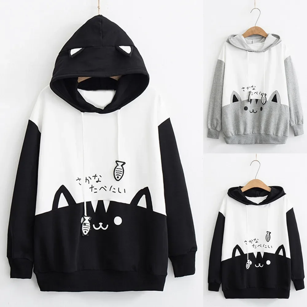 Y2K 여성용 만화 고양이 후드 하라주쿠 스타일 긴 소매 운동복 캐주얼 streetwear 풀오버 drawstring hood