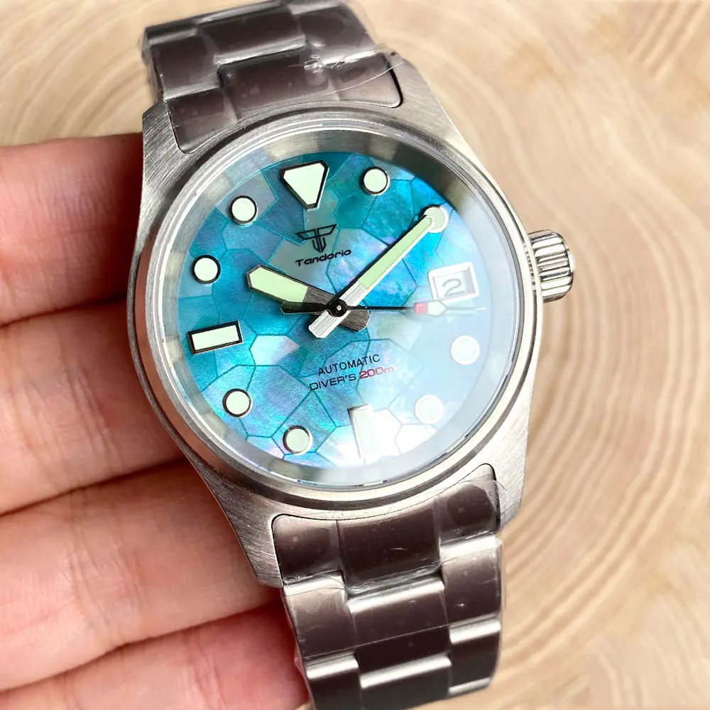 Tandorio Diver Watch 200m Waterproof Field Watches NH35 36mm Lady Men Mechanical Wristwatch MOP Dial Steel Bracelet Luminous