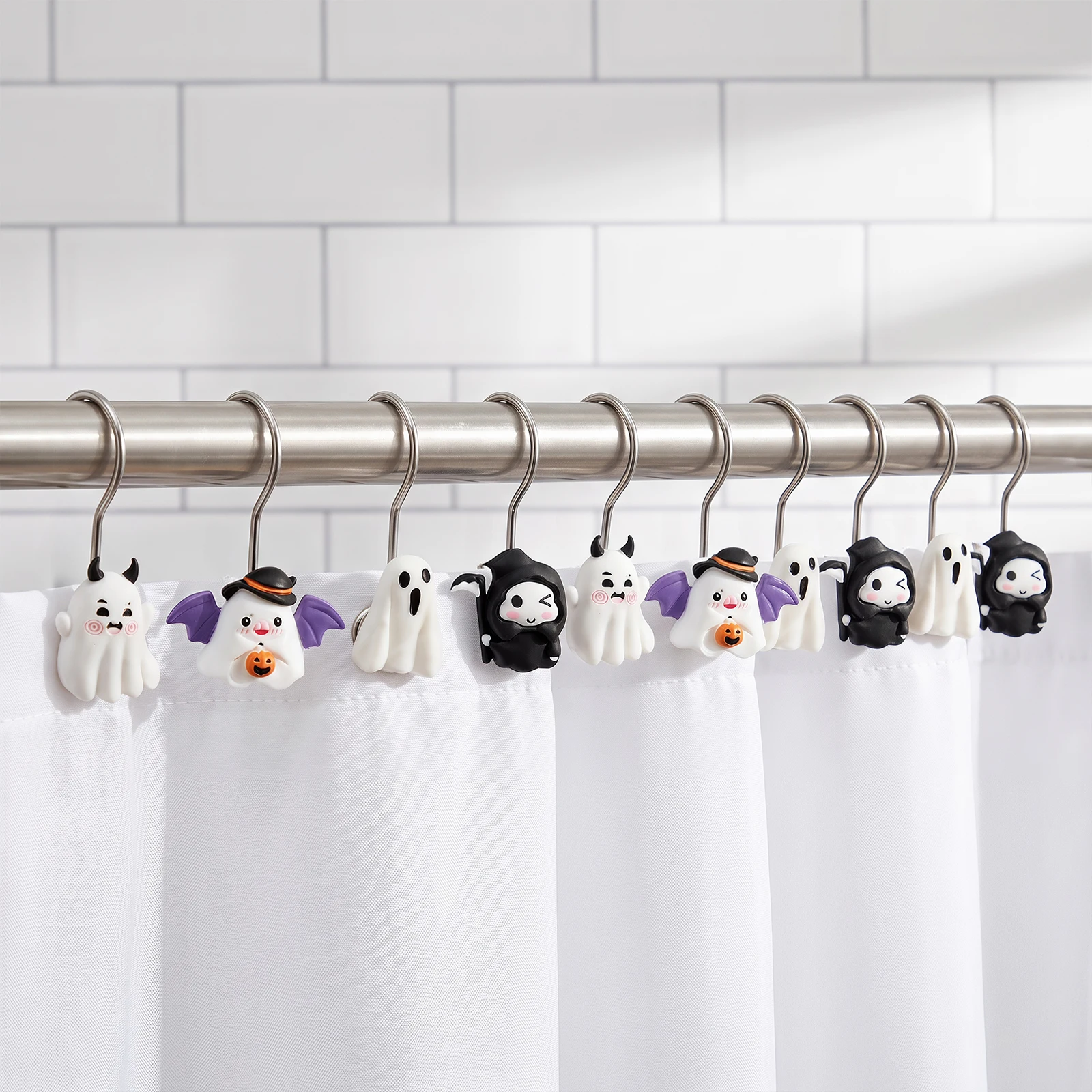 12-Piece Halloween Bath Curtain Hooks, Durable Ghost Stainless Steel Rust-Resistant, Modern Style, Easy Install, Waterproof