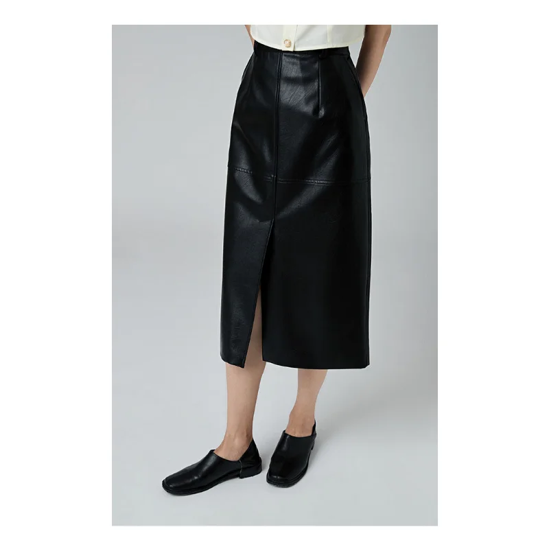 High Waist PU Skirt Women A-line Autumn Leather New Slightly Wrinkled Mid-length Split Line Skirts Soft Double Side Pocket Black