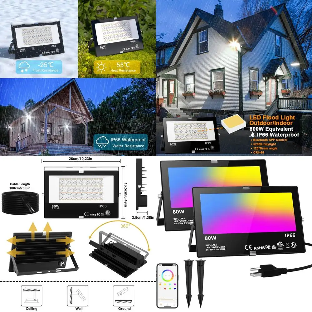 

Smart RGB Outdoor LED Flood Light, 8000LM 800W Equivalent, IP66 Waterproof, Color Changing Uplight for Yard, Garden, Stage - 2 P
