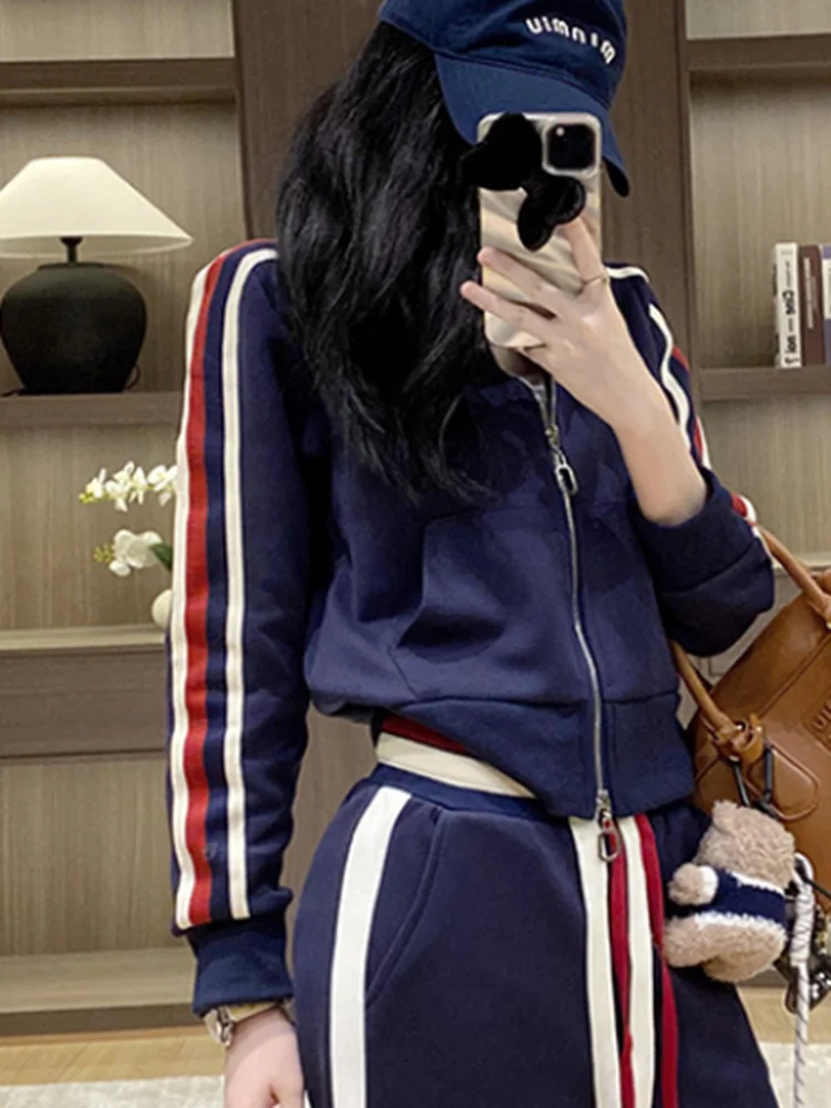 New Red Women's Casual Fashion Youth Sports Leisure Zipper Blue Long Sleeve Single piece Coat Single piece Long Pants Boyfriend