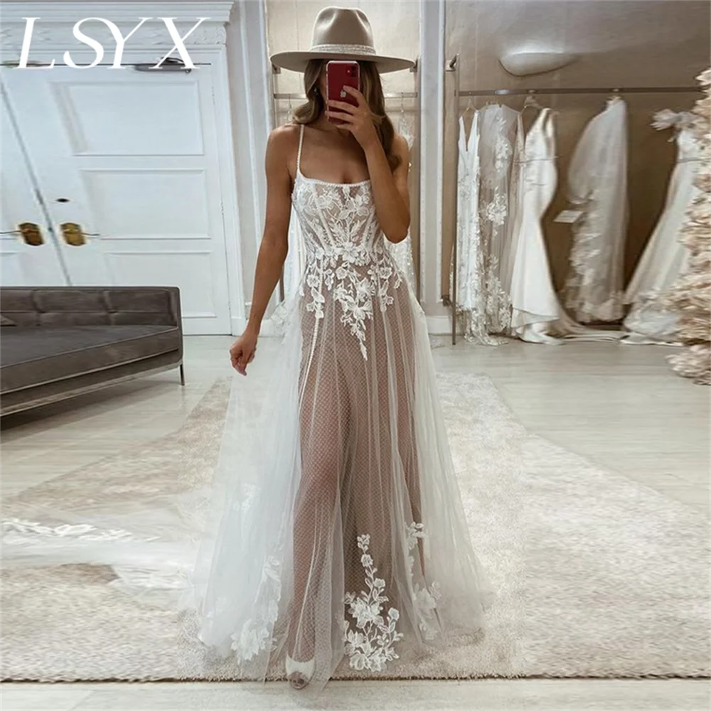 

LSYX Customized Illusion Square-Neck Tulle Sleeveless A-Line Wedding Dress Lace Open Back Appliques Court Train Bridal Gown