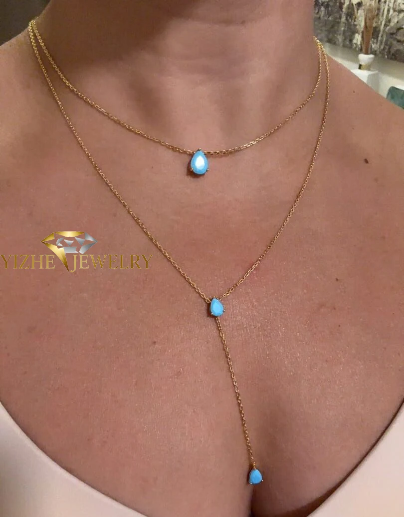 Gold Plating Tear Drop Blue Turquoise Double Layer Y Lariat Choker Necklace Wedding Party Holidays Fashion Women Jewelry