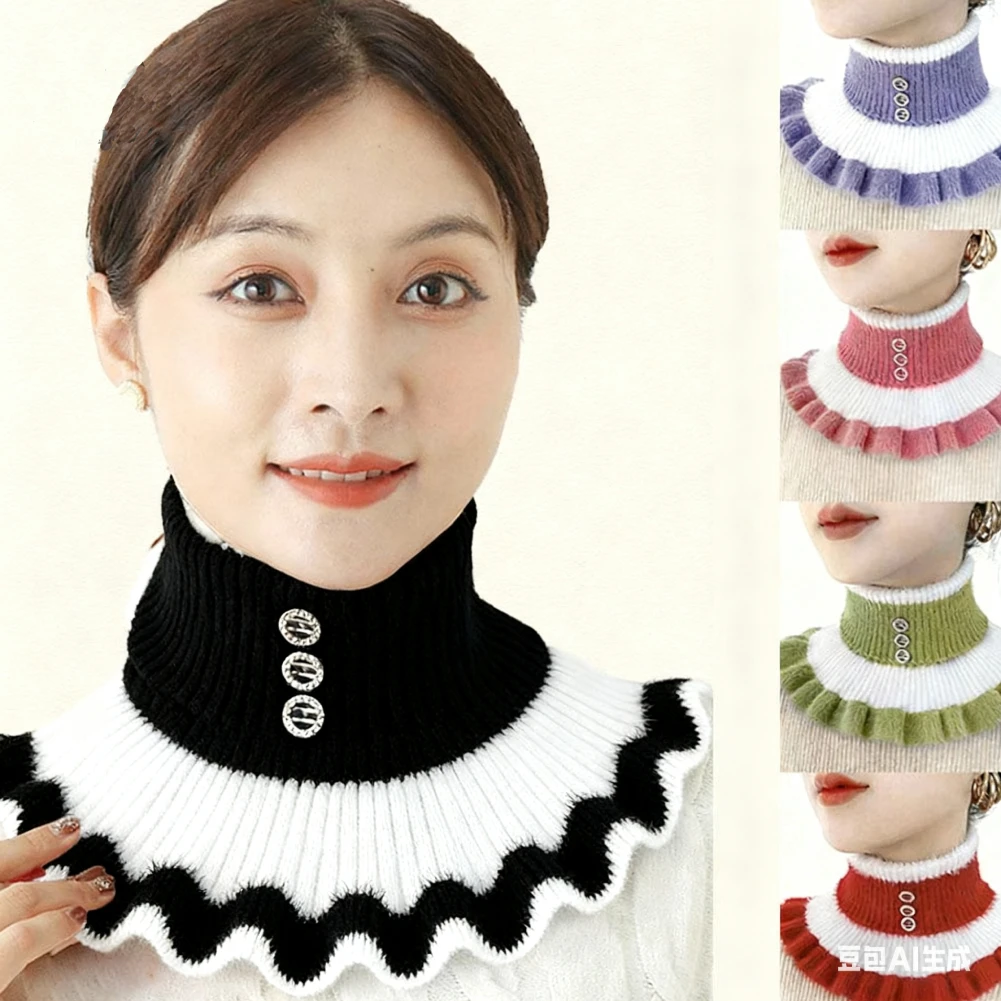 مخطط متماسكة الياقة المدورة وهمية سميكة الشتاء الرقبة أدفأ مع كشكش الفراء فو للنساء وشاح عصري
