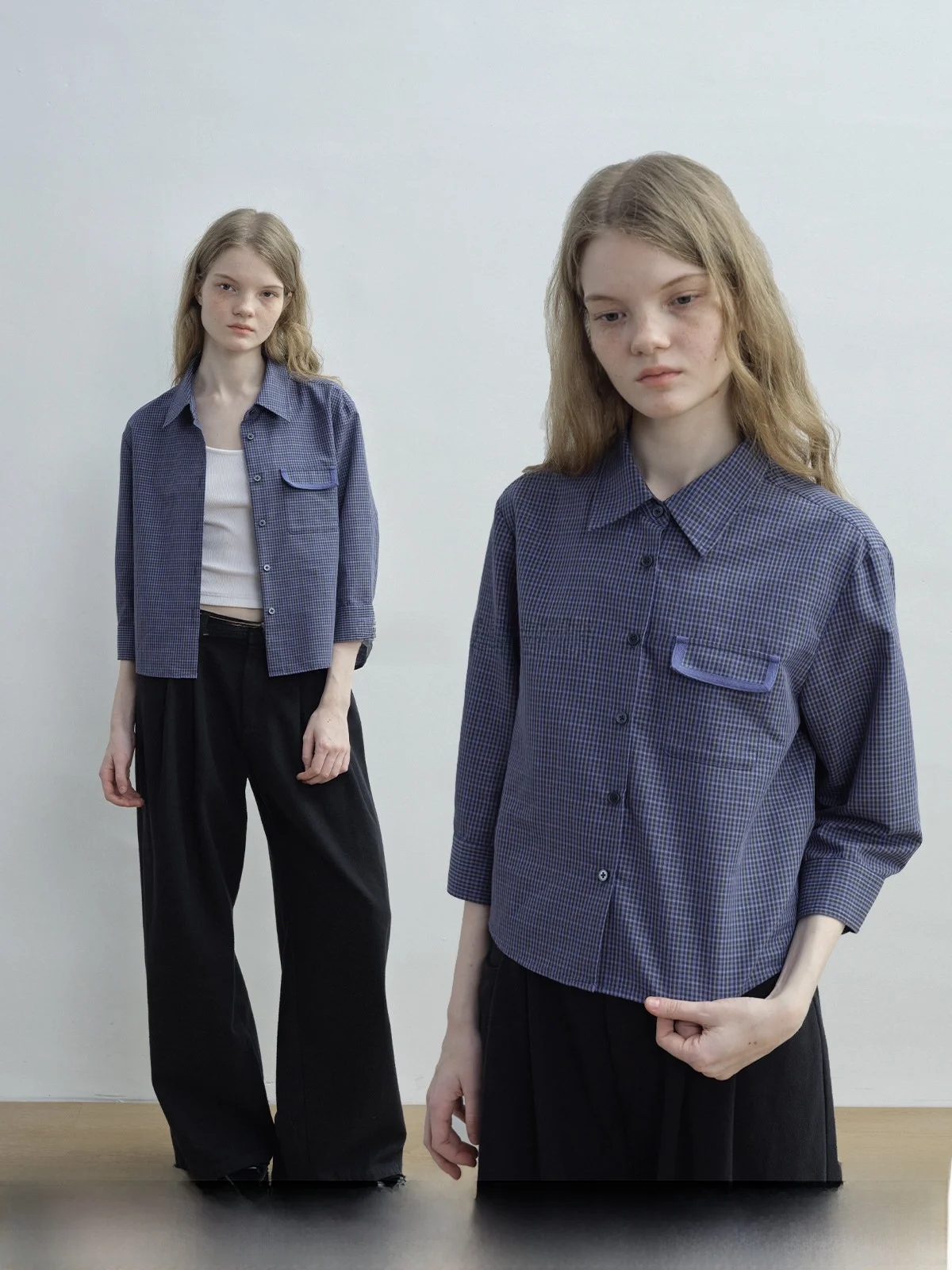 

KOKOASOKO 0323 2000 New Small Grid Long Sleeve Shirt Casual Style Cotton Polyester Blend Women's Shirt Square Collar Breathable