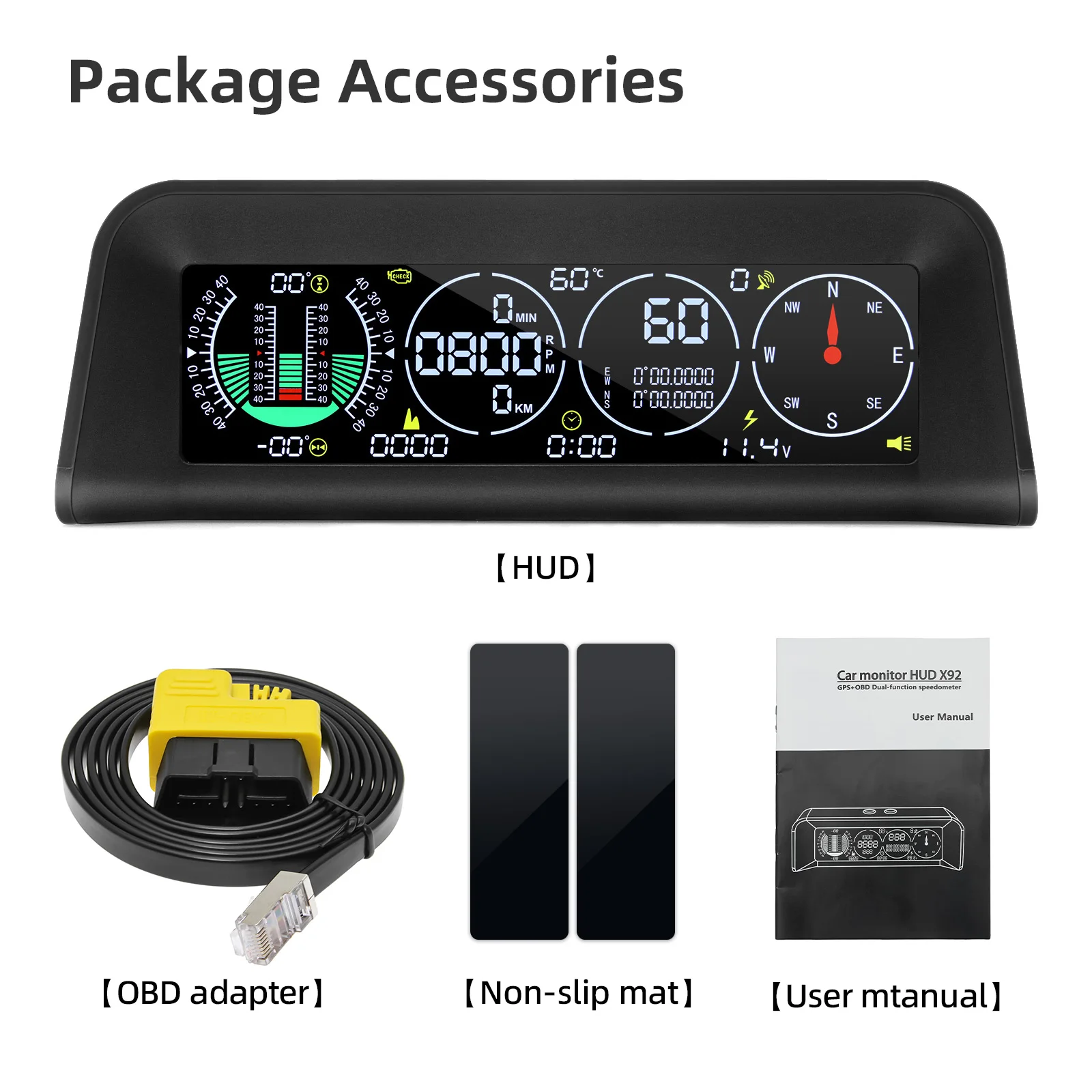 Car Head Up Display OBD+GPS Speedometer Tachometer Compass Voltage LCD Display Altitude Meter Off-road Intelligent Slope Meter