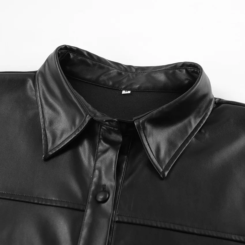 Casual simple black leather shirt women's 2024 fall fashion all-match lapel shirt sleeve leather jacket