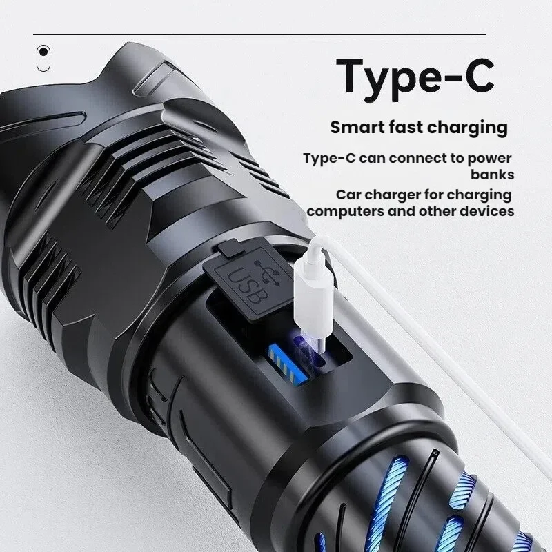 New Digital Display Zoomable 60W High Power LED Flashlight Rechargeable Multi-functional Torch for Outdoor Patrol Lighting