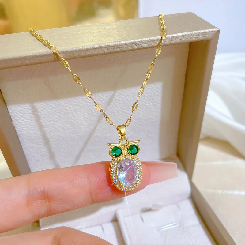 Stainless Steel Chain Classic Bling Cute Zircon Owl Pendant Necklace for Women Lady Lovely Owl Jewelry Accessories Gifts