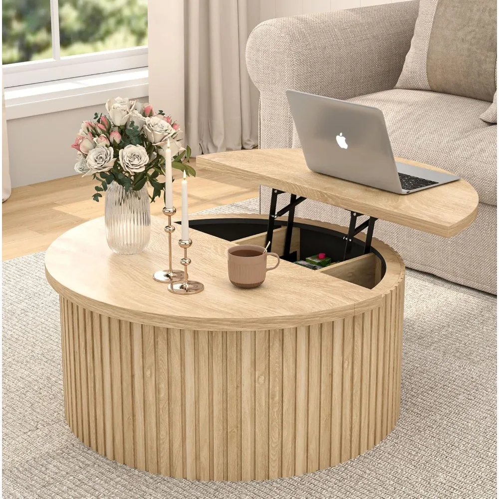 Coffee Table with Storage, Round Coffee Tables for Living Room, Wood Center Table with Large Hiddern Storage Compartment