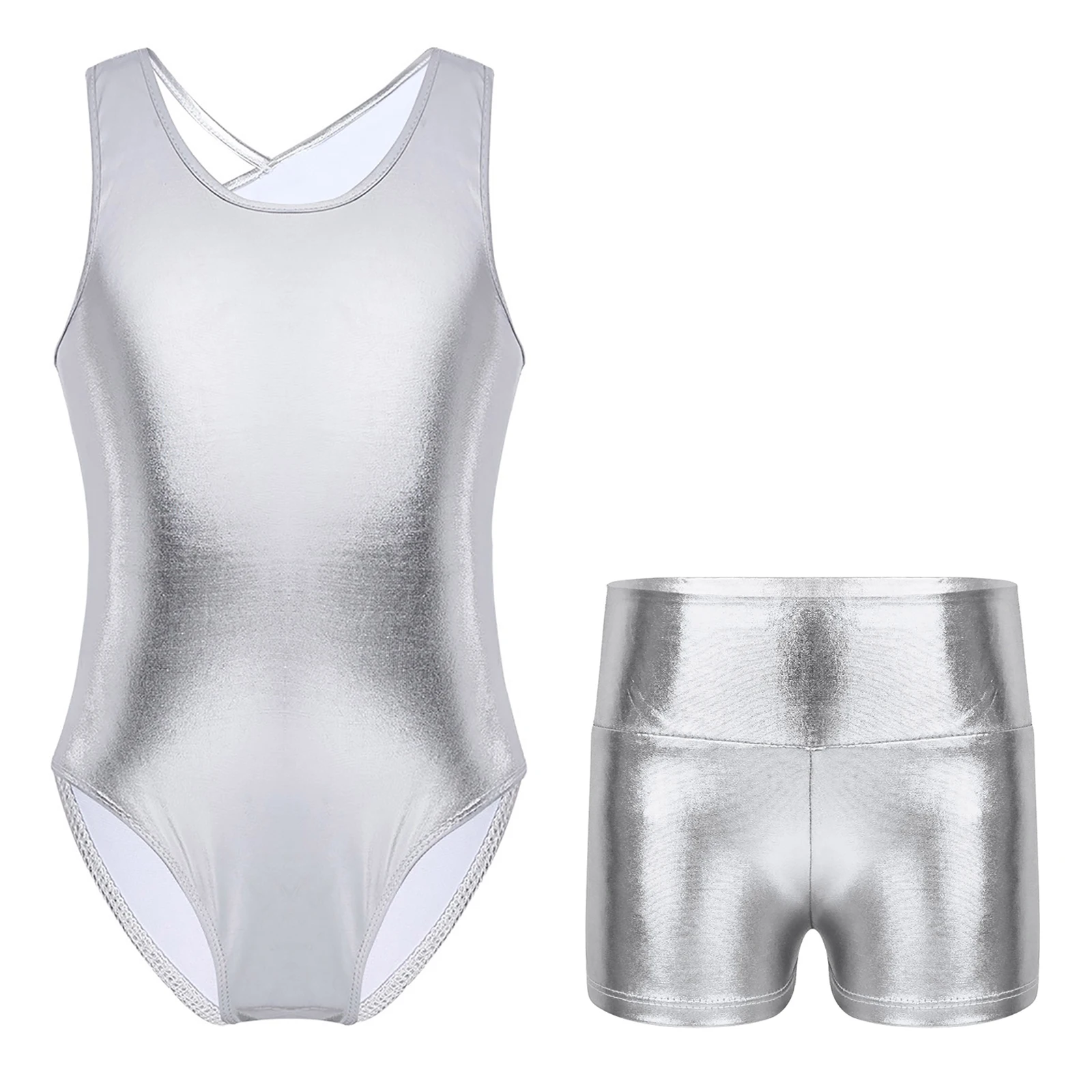 

Kids Girls Ballet Dance Leotard Metallic Sleeveless Open Back Bodysuit+High Waist Shorts for Gymnastics Workout Sport Jumpsuit