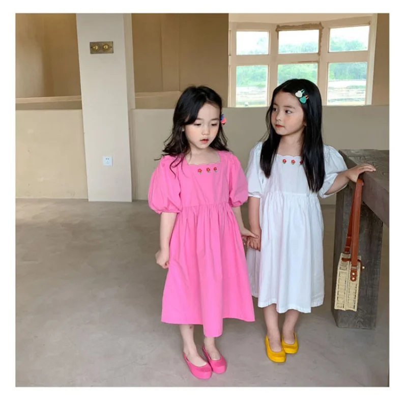 Children's Temperament Dress Summer Girls' Flower Embroidered Skirt Children Shirt3-8One-Piece Delivery for Children's Clothing