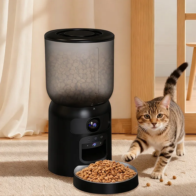 Smart automatic pet feeder with camera and artificial intelligence interaction, plastic rechargeable portable food dispenser