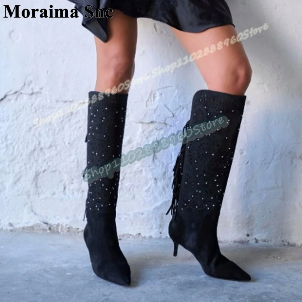 

Big Size Knee High Black Flock Tassels Pointy Boots Thin High Heel Shoes For Women Slip On Pointed Toe Casual Zapatos Para Mujer