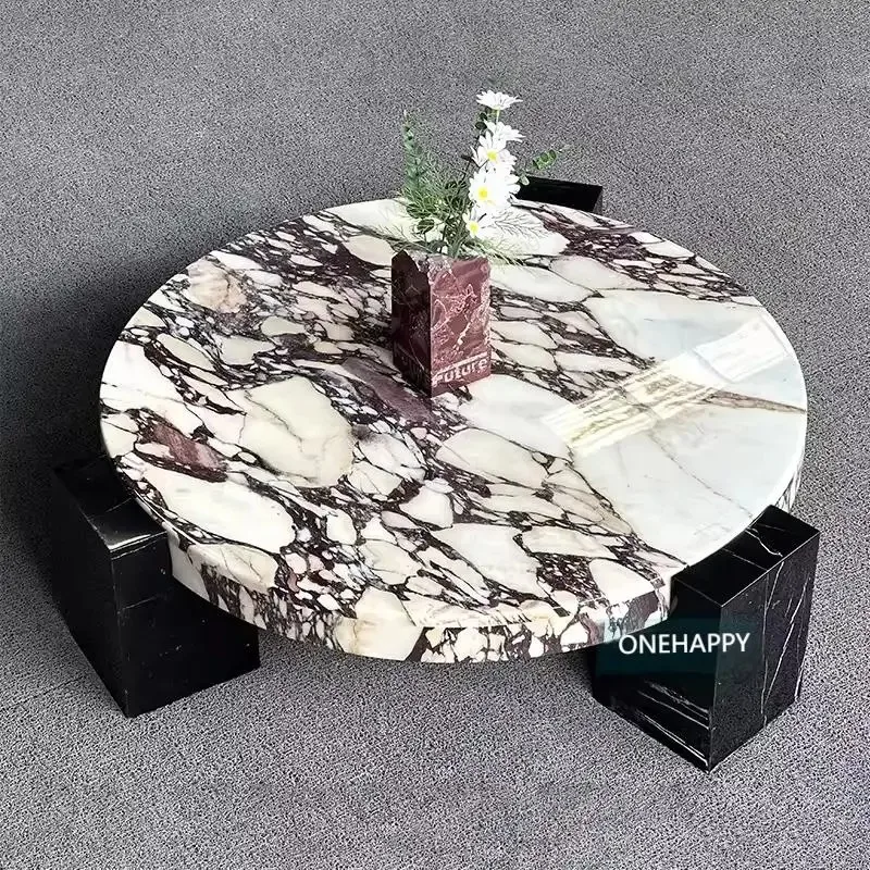 100 Pure Luxury  Marble Round Top Coffee Table With Black  Marble Leg for Home Living Room