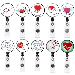 Doctor Nurse Stethoscope Pattern Name Retractable Badge Reel Pass Staff Work Card Clip Lanyard Medical Workers ID Badge Reel