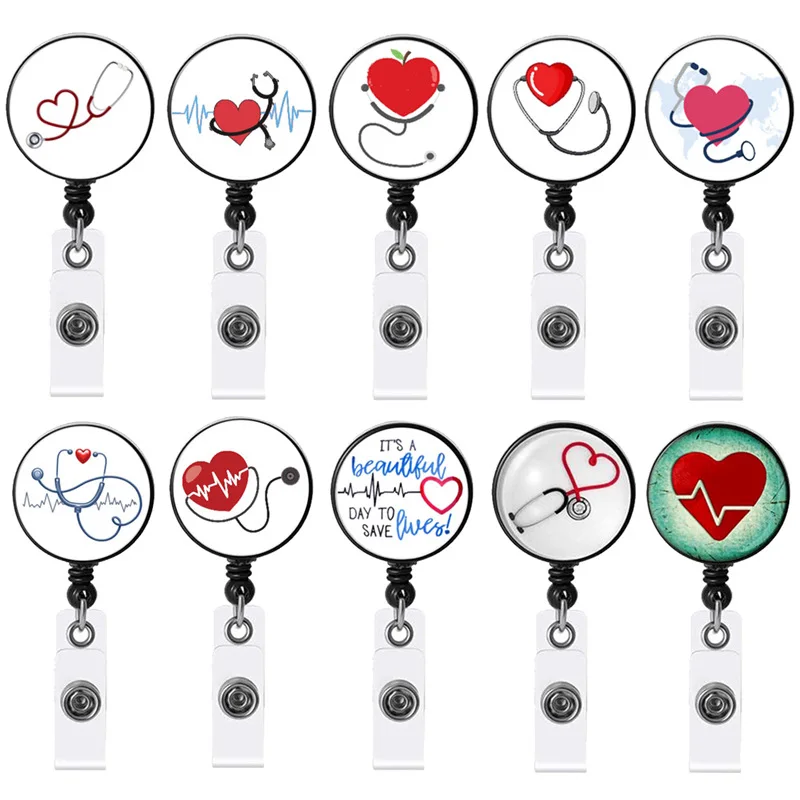 Doctor Nurse Stethoscope Pattern Name Retractable Badge Reel Pass Staff Work Card Clip Lanyard Medical Workers ID Badge Reel