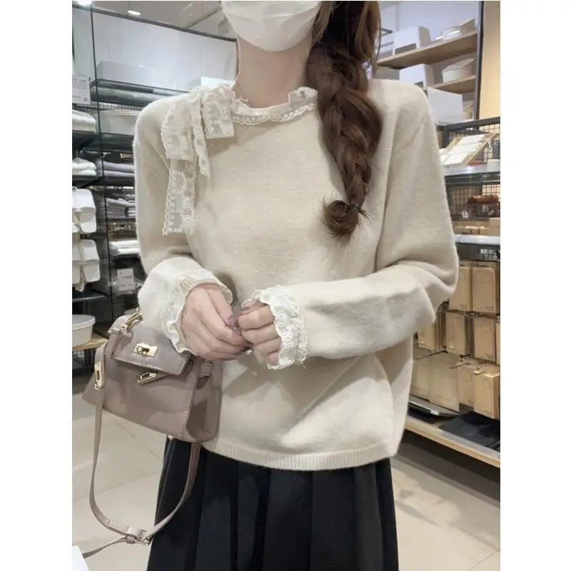 

Knitwear Woman clothes winter 2025 Women's sweater Pullover clothes woman tops cozy Korean Round Neck Lace Bow Knit Sweater