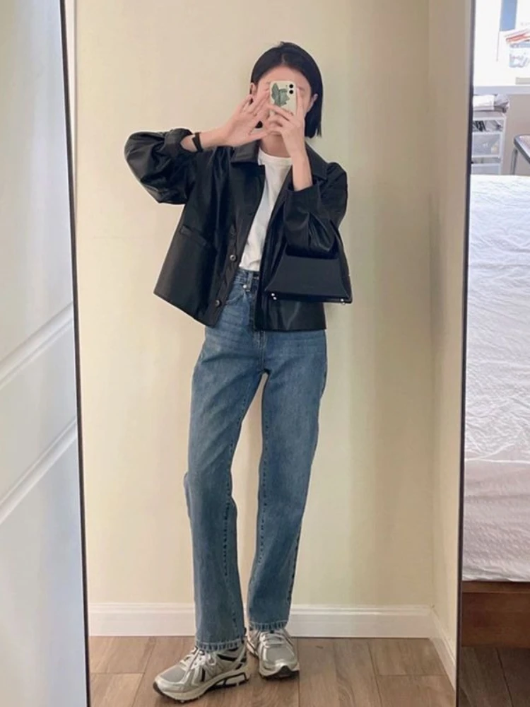 Black Casual PU Leather Jacket Women Fashion High Street Leather Jacket Female Korean-style Retro Motorcycle Coat 2025 Autumn