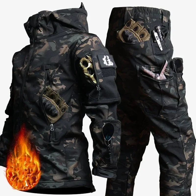 Winter Thicken Men Camo Suit Waterproof Tactical Training Set Multi-pocket Hooded Jacket Fleece Pants Outdoor Hunting 2-piece