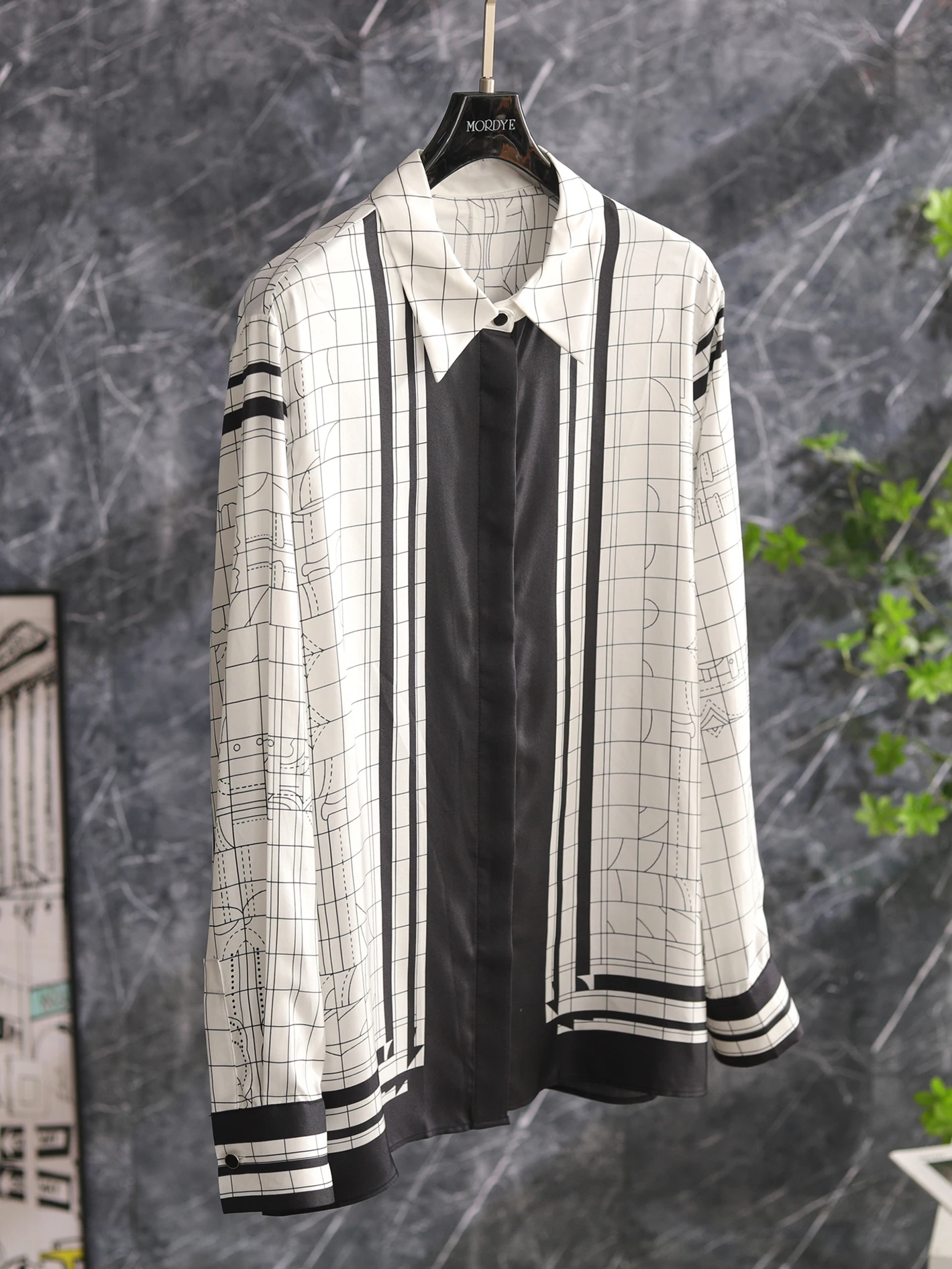 

Elegant Vintage Geometric Print Silk Satin Long Sleeve Shirt Women's Fashionable Straight Cut Button up Neck Top