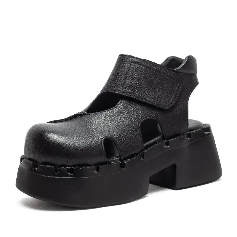 DRKANOL Luxury Design Genuine Leather Platform Sandals Women Thick High Heel Big Toe  Retro Style Casual Sandals Summer Shoes