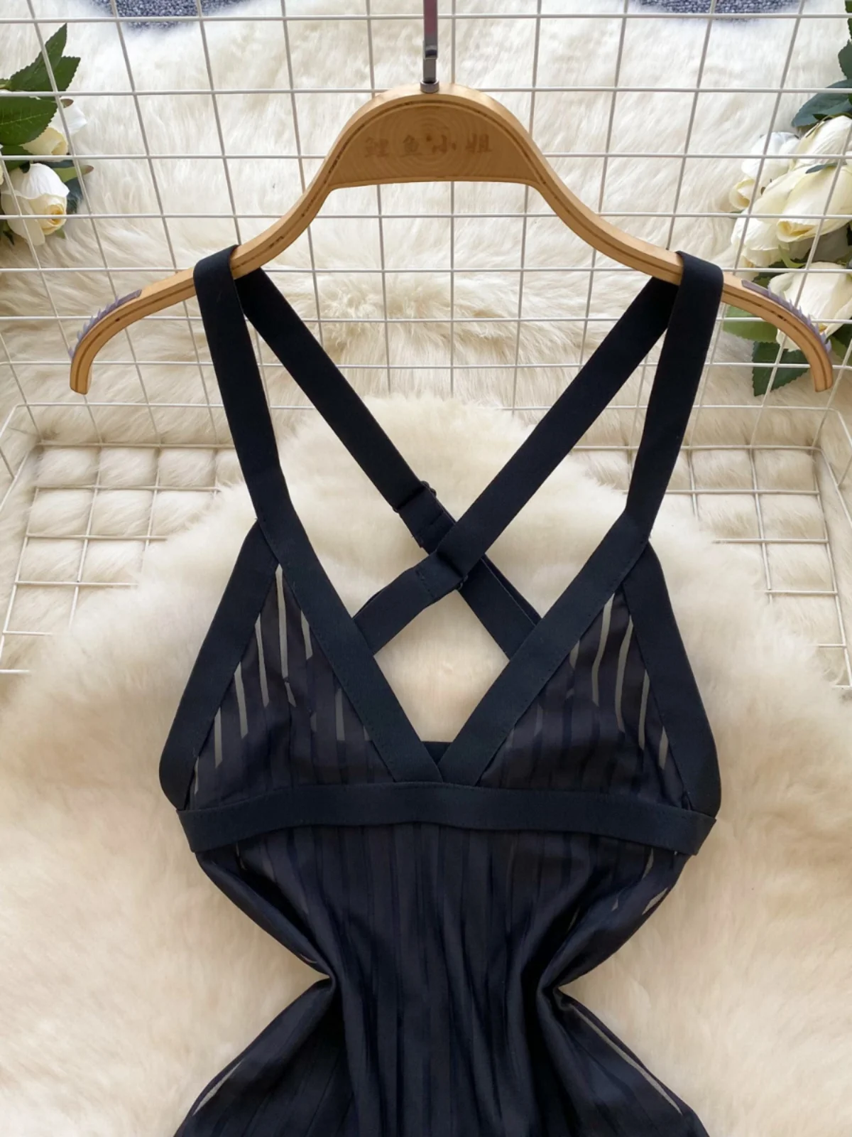 فستان نسائي ضيق بحمالات للربيع والصيف، تصميم شبكي مفتوح الظهر، تنورة ضيقة بأسلوب كوري على شكل حرف A #4