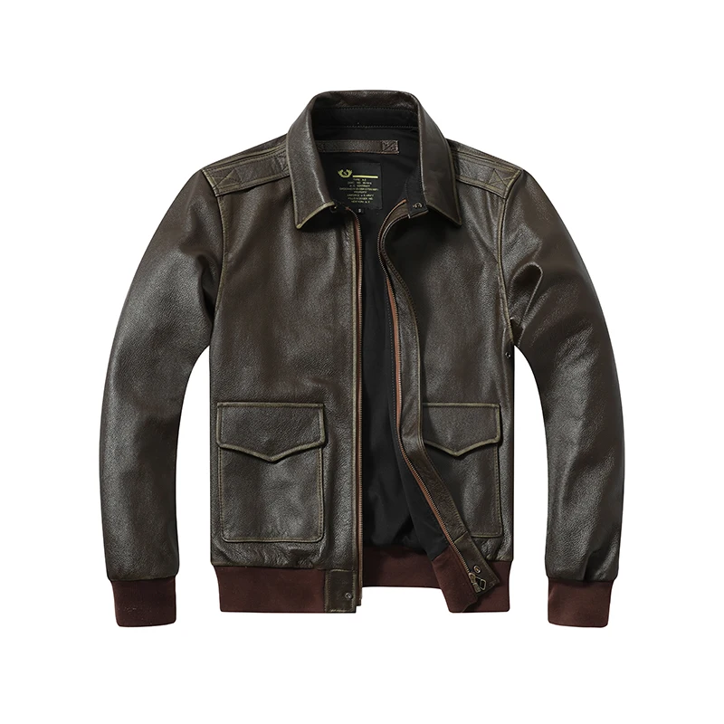 Veste en cuir Olive Vintage pour hommes, veste bombardier A2, couche supérieure en cuir de veau, Sty