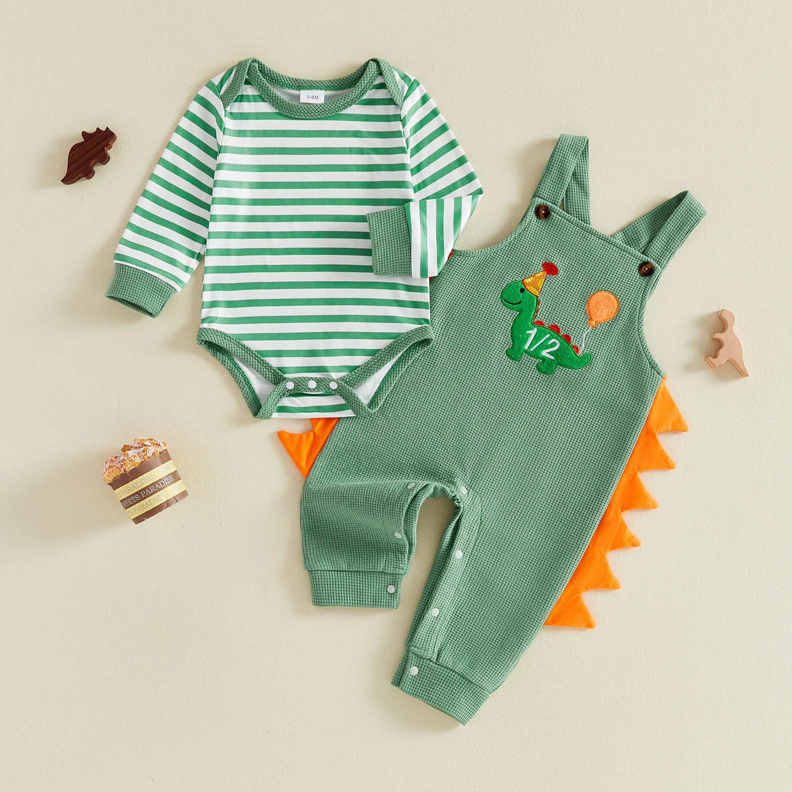 2pcs Baby Boy Half Birthday Outfit Long Sleeve Striped Waffle Romper Dinosaur Overall Trousers Set