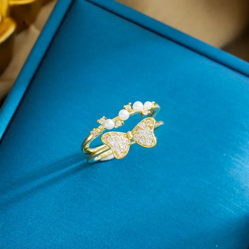 Кольцо в европейском и американском стиле, женское кольцо с жемчугом и бантом, женское легкое роскошное и высококачественное, универсальное кольцо