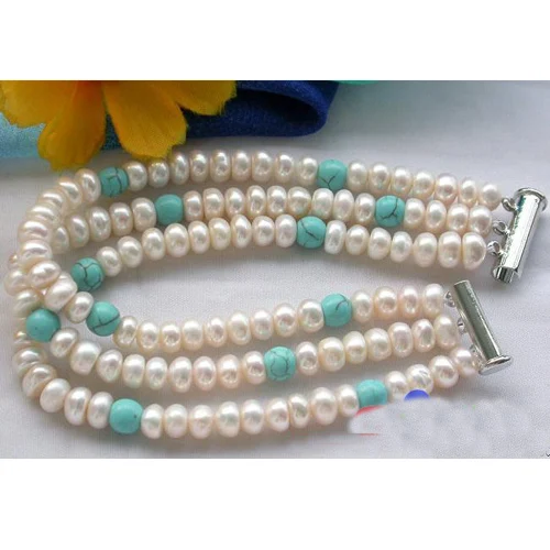 

Favorite Pearl Jewellery,3Row 7-8mm Rondelle White Pearl Turquoise Gemstone Bracelet,Charming Wedding Birthday Lady Gift