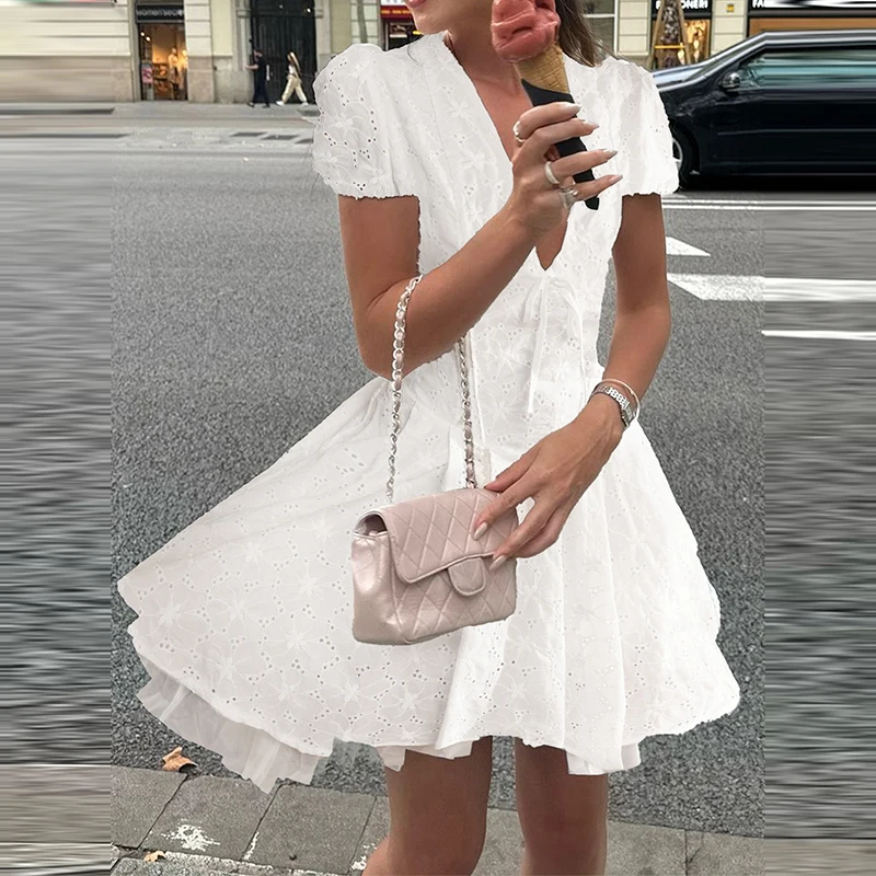 

Sexy V Neck Short Sleeve Ruffles Bow Lace Up Dresses Sweet Girl Summer Ball Gown Casual Vacation Simple Hollow Party Short Dress
